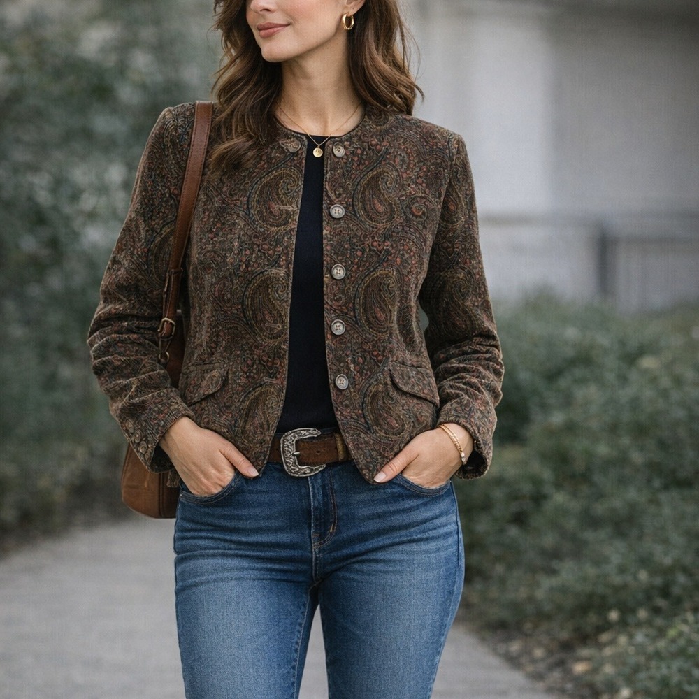 Evan-Picone VTG Corduroy Paisley Jacket Brown Earth Tone Button Front Blazer Med
